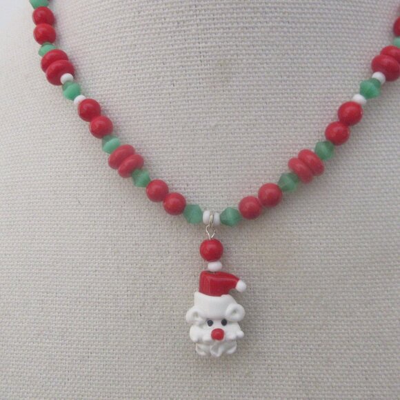 PRICE DROP! Handmade Santa Lamp Work Necklace Red White Green Sterling Clasp - Picture 1 of 3